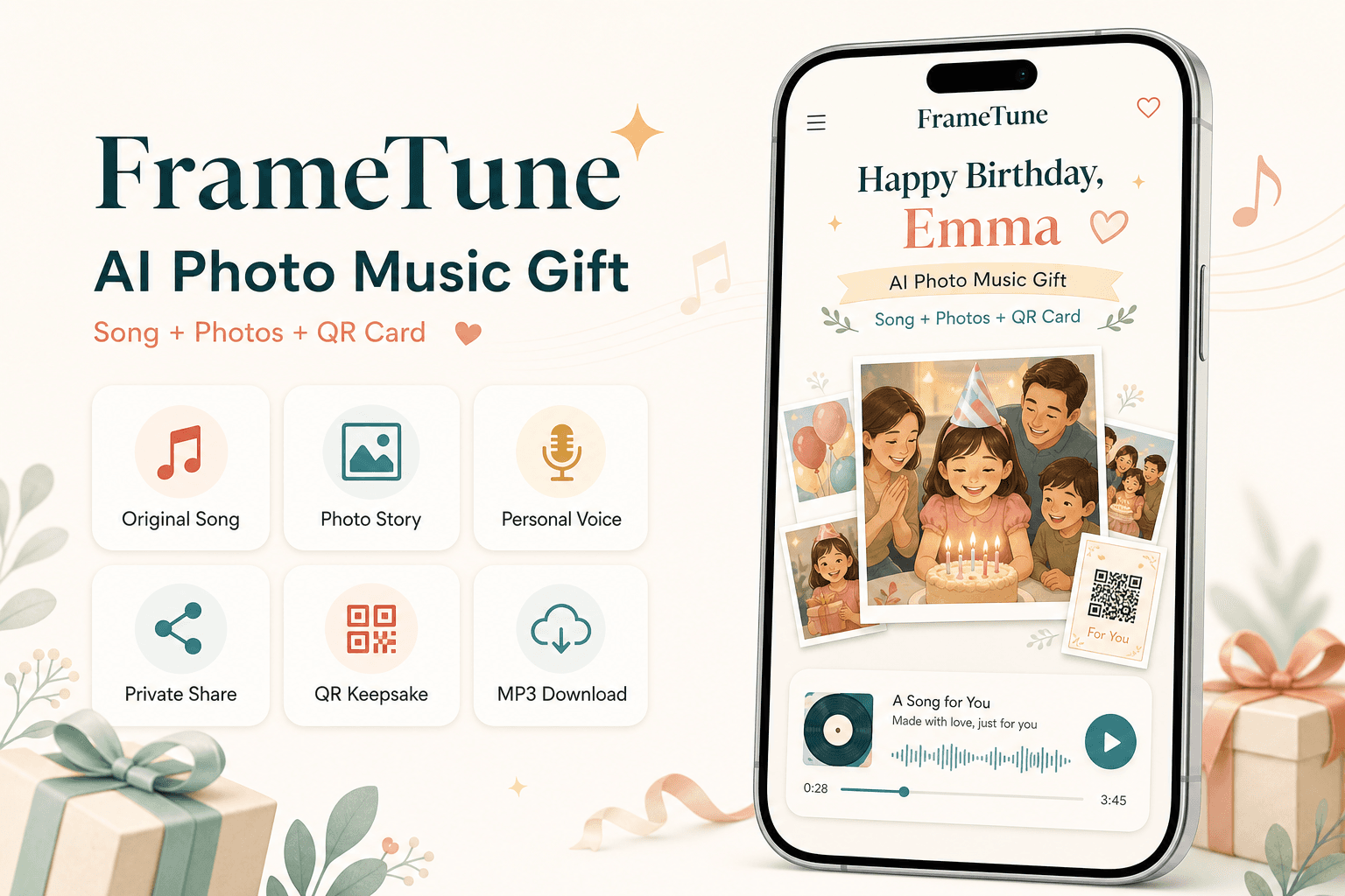 FrameTune 手机产品效果图,展示定制歌曲和音乐照片礼物